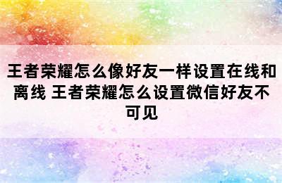 王者荣耀怎么像好友一样设置在线和离线 王者荣耀怎么设置微信好友不可见